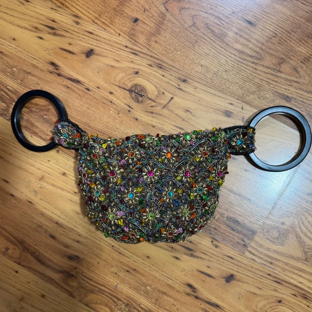 Bamboo Trading Company Beaded Ring Handle Evening Bag Multicolor Floral Mosaic